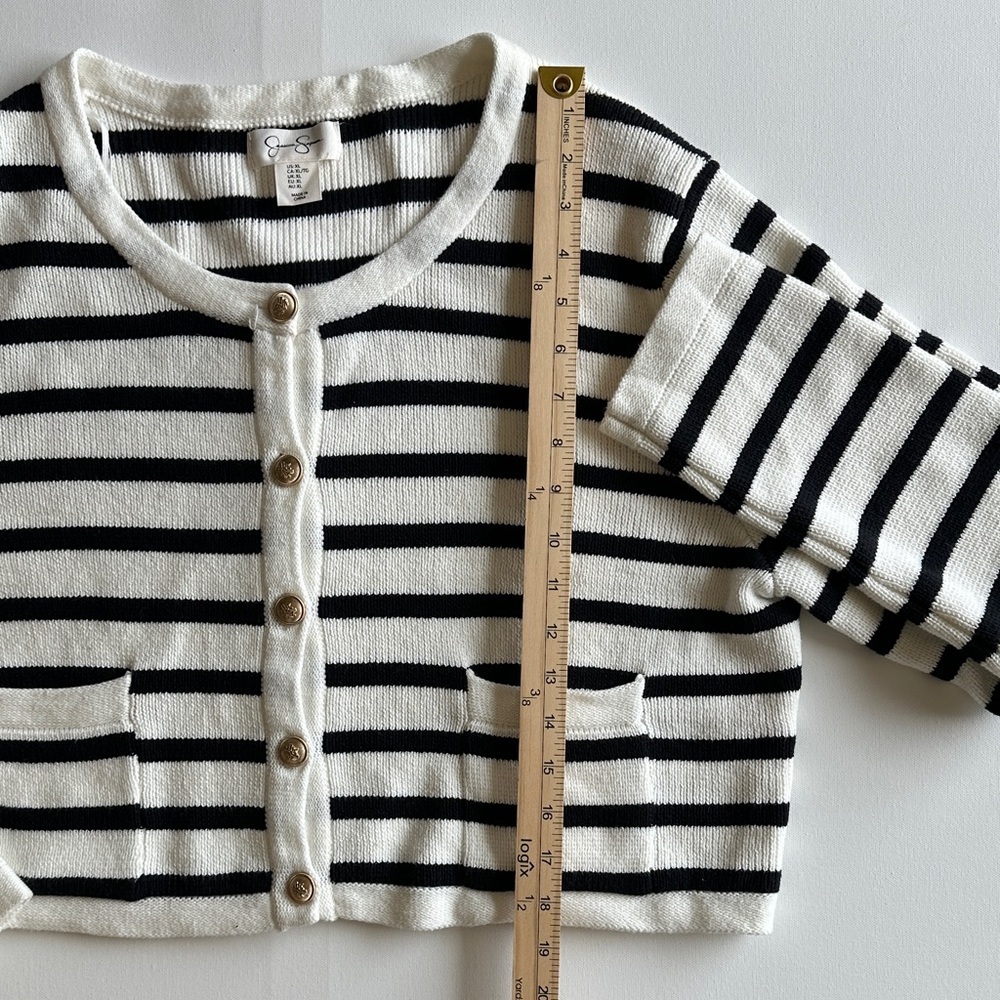 Jessica Simpson Striped Cropped Cardigan Black White Preppy Sweater XL - Picture 7 of 8